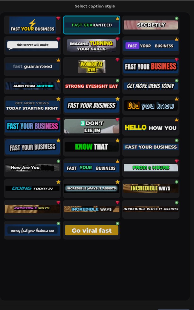 VdoZen's caption style grid, showing dozens of burned-in caption styles to choose from