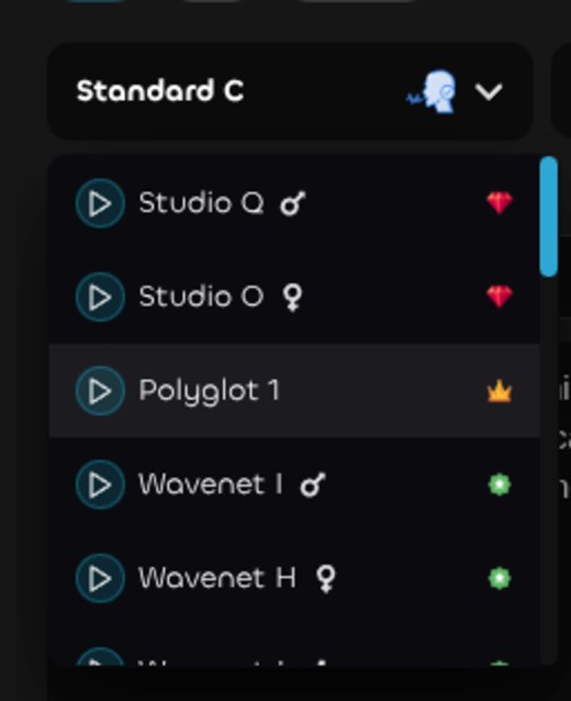 The VdoZen voice picker, listing AI narrator voices available for a faceless video