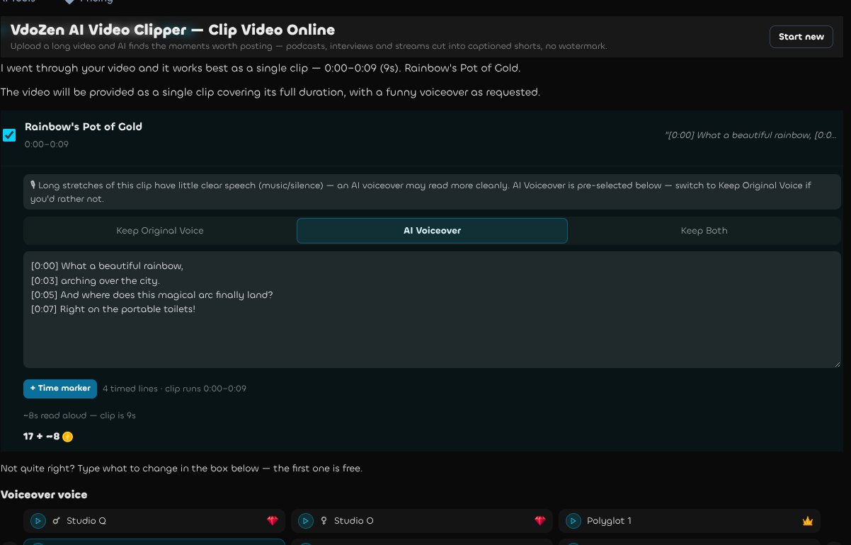 VdoZen offering to analyse the video frames or let the user guide the clip selection when speech is sparse
