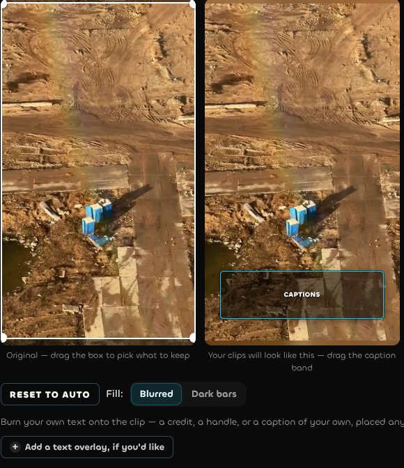 Dragging the crop box and caption band on a podcast clip in VdoZen, with blurred fill and a text overlay option