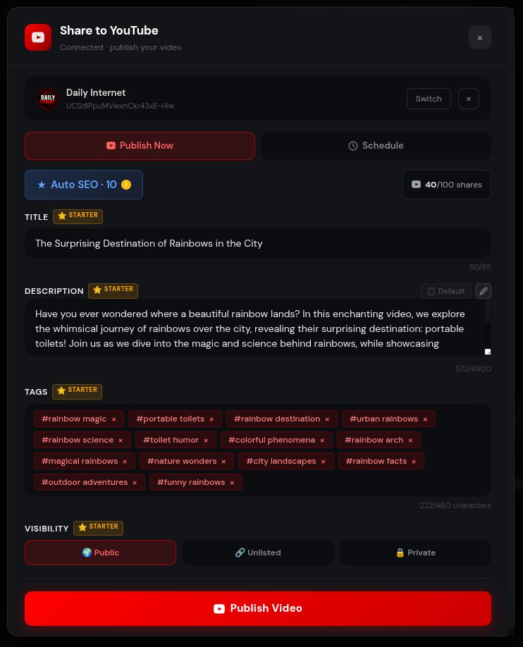 VdoZen's Share to YouTube panel with Auto SEO-generated title, description and tags, and Publish Now or Schedule buttons