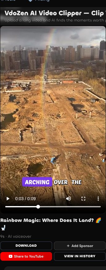 A finished podcast clip in VdoZen with Download, Add Sponsor, Share to YouTube and View in History buttons