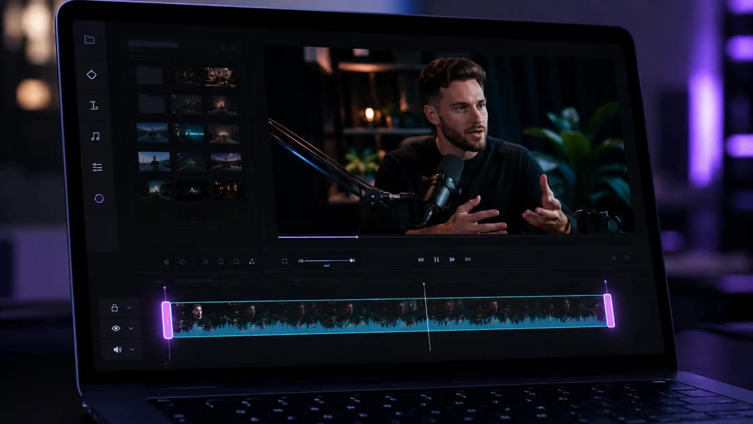 A podcast interview being edited into a clip on a laptop timeline
