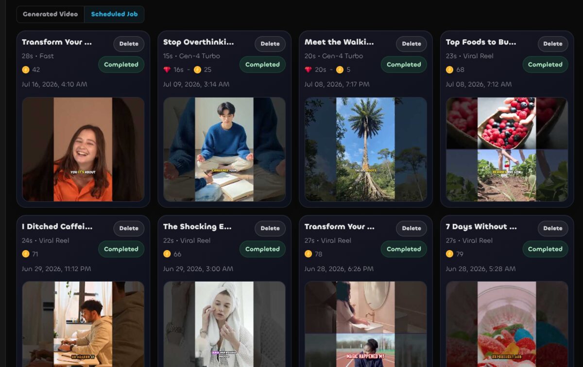 The VdoZen scheduled queue showing faceless videos completed and waiting to auto-publish to YouTube