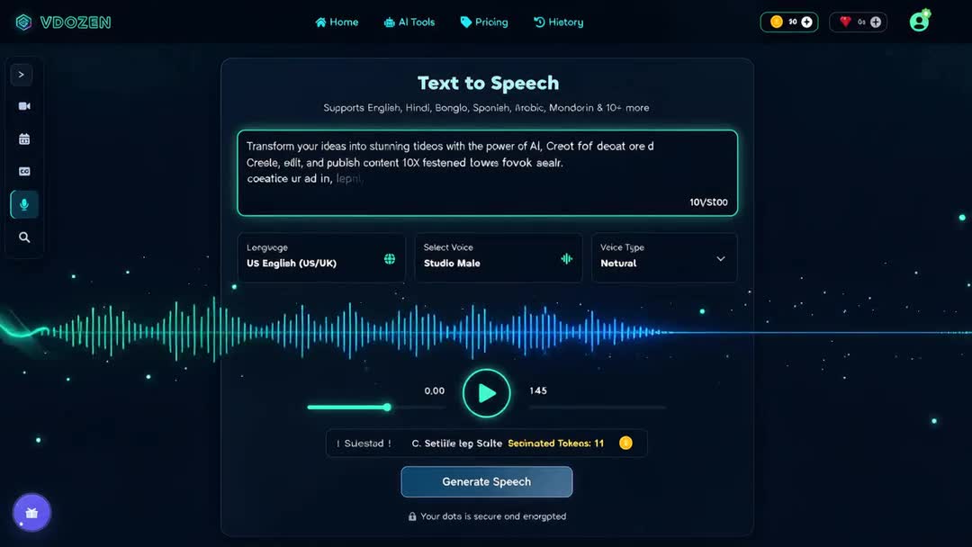 VdoZen's text to speech tool with a voice list and generated audio player